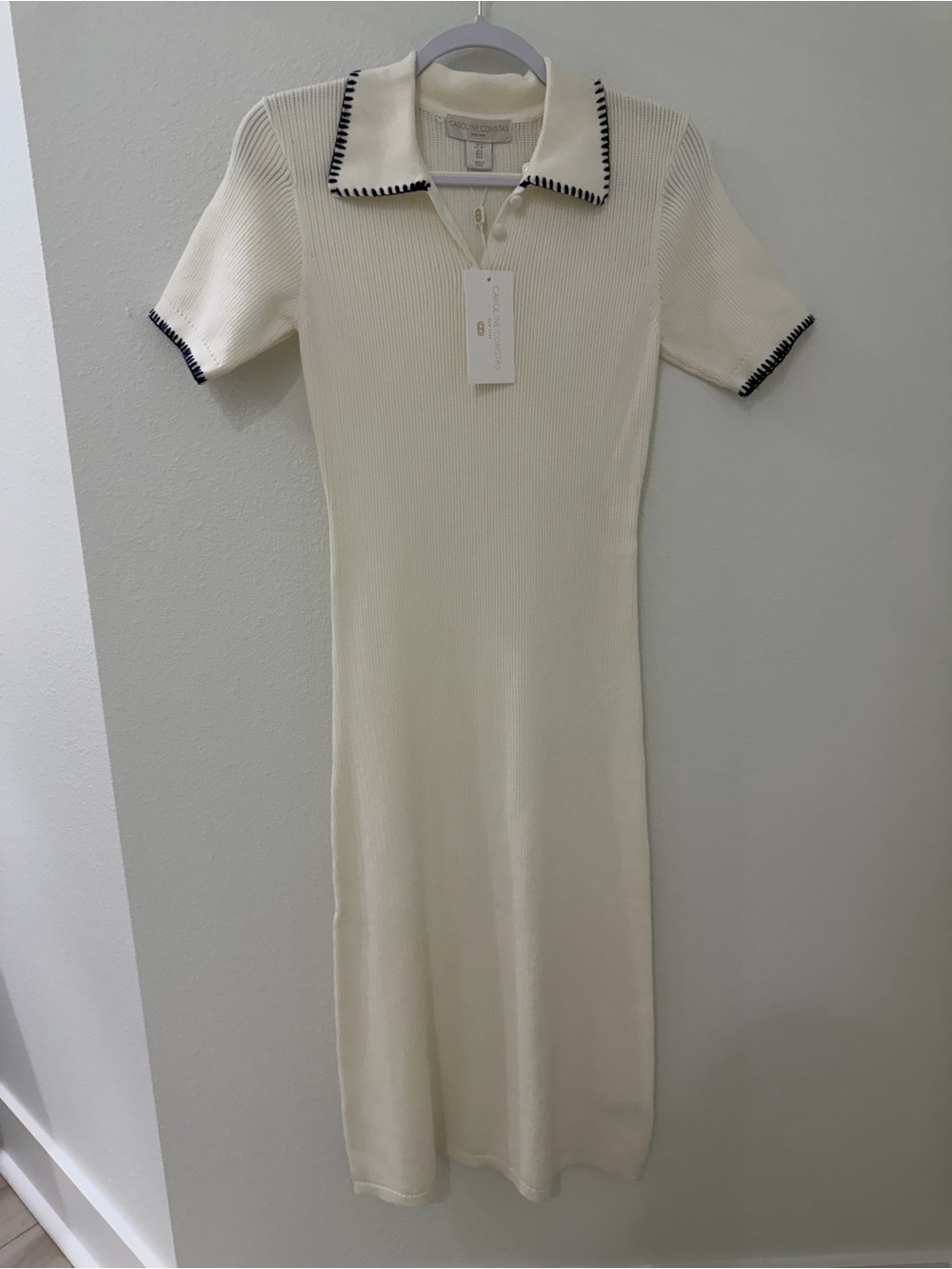 Caroline Constas Ivory Knit  Midi Dress with navy trim S ~ NWT